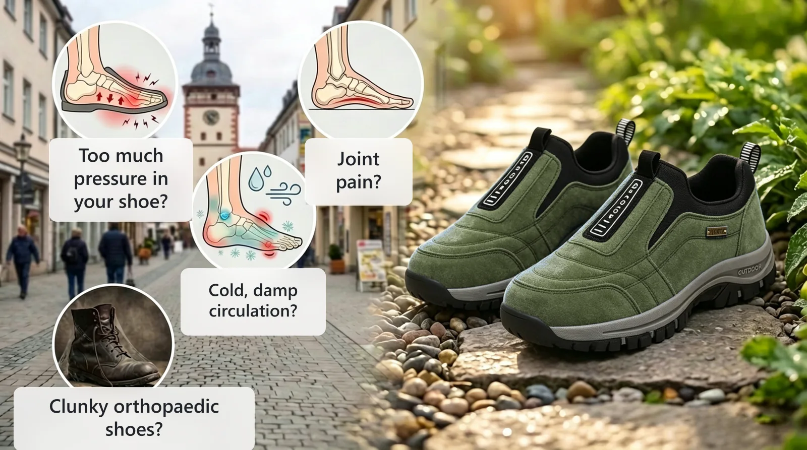 Common foot complaints beside a pair of TRONG-C Corre Behon all-weather shoes
